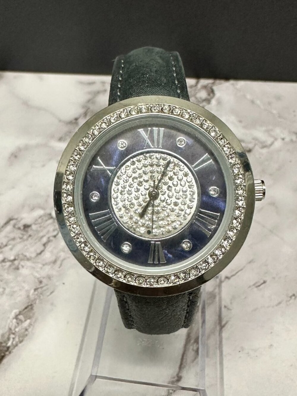 Genevex by Croton Watch Women Silver Tone Blue Dial Grey Band New Battery